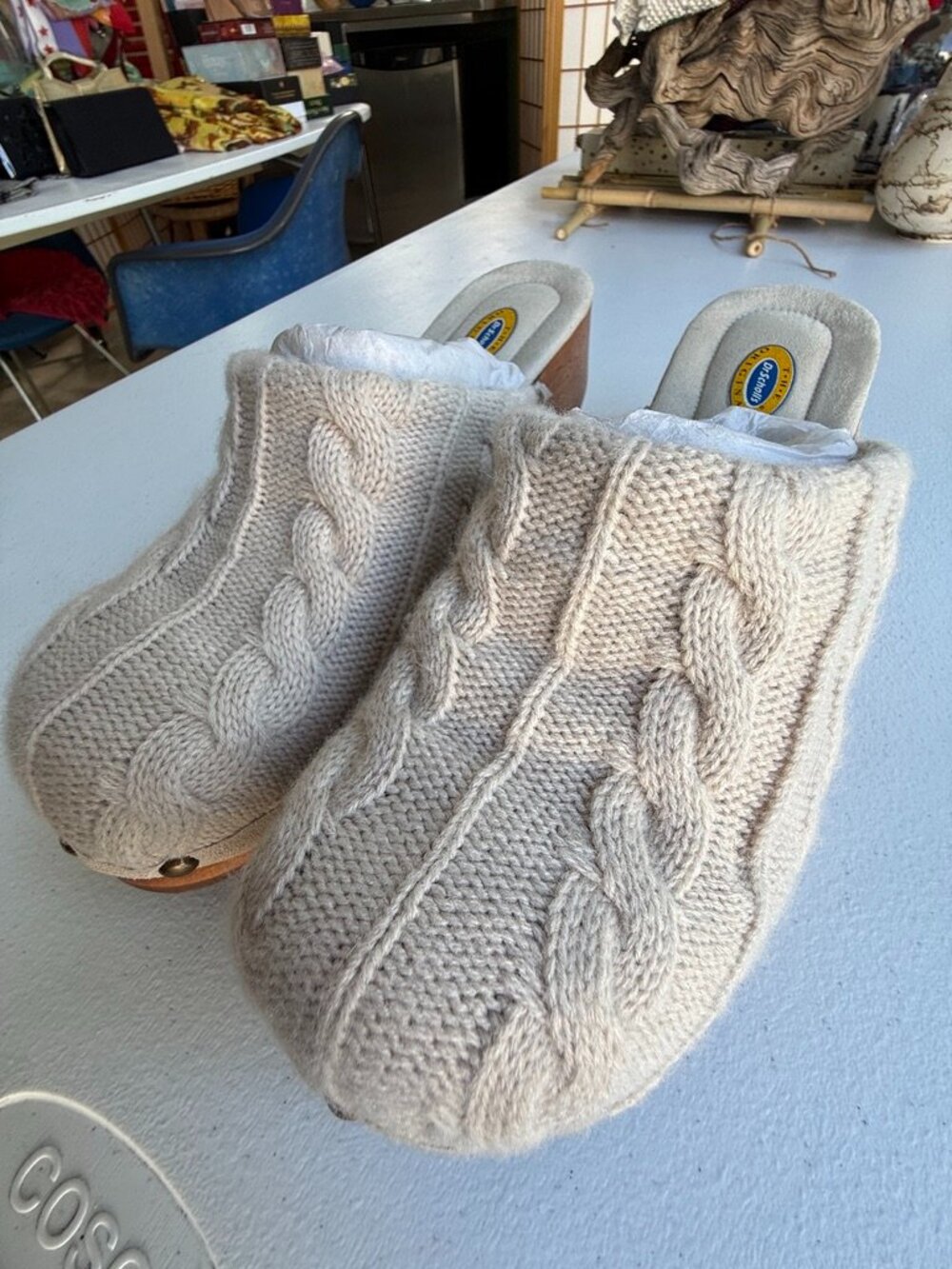 Dr. Scholl's "Cardigan" Cable Knit Wood Clogs, a vintage Y2K-era style Brand